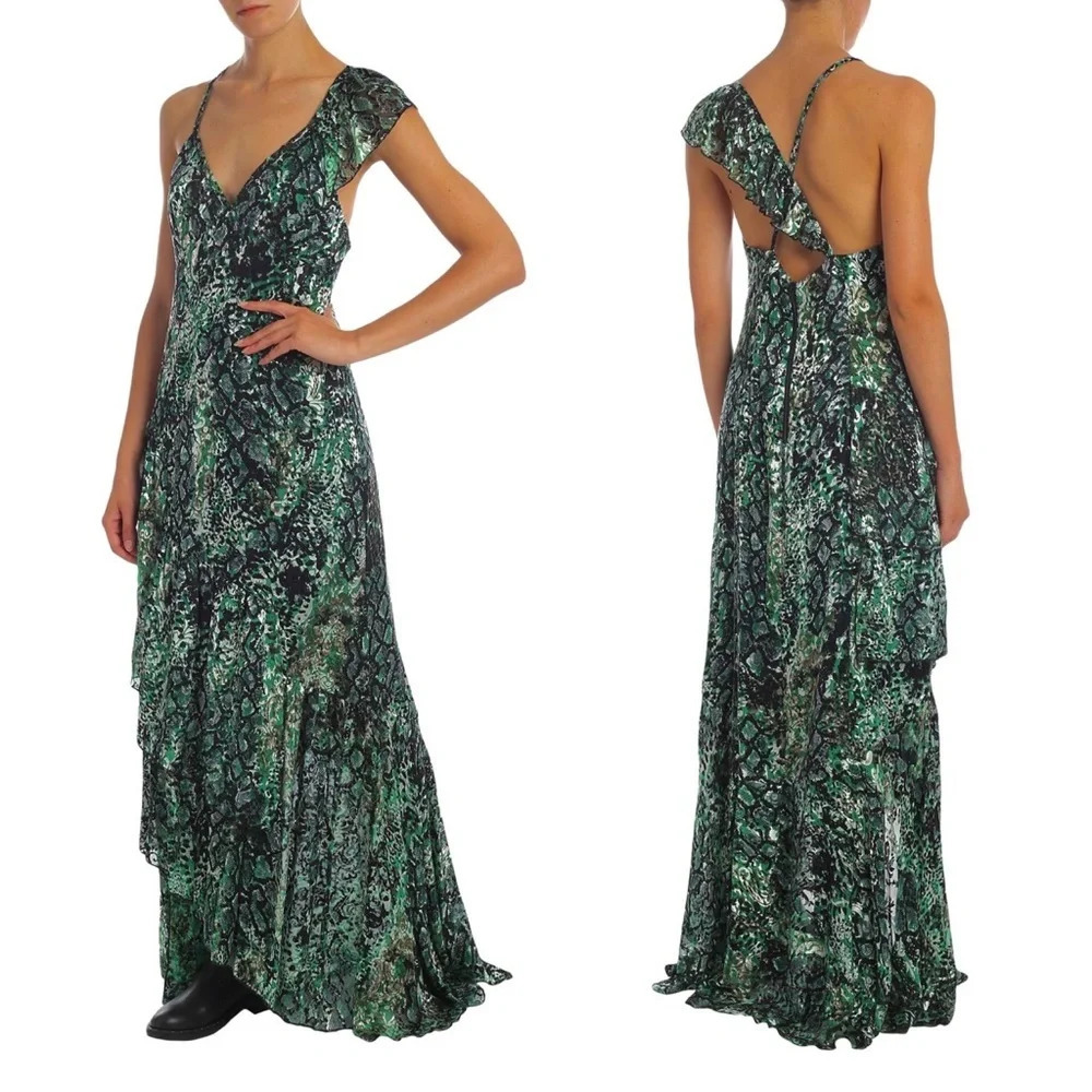 🆕 ALICE + OLIVIA Emerald Green Shanel Animal Print Maxi Dress Sz 4 - Picture 7 of 7